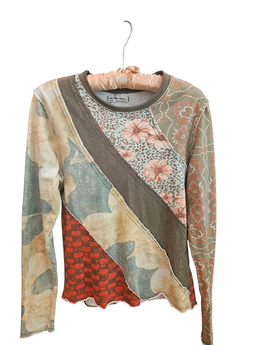 WE THE FREE Mixed-Print Long Sleeve Top in Green, Coral, and Brown